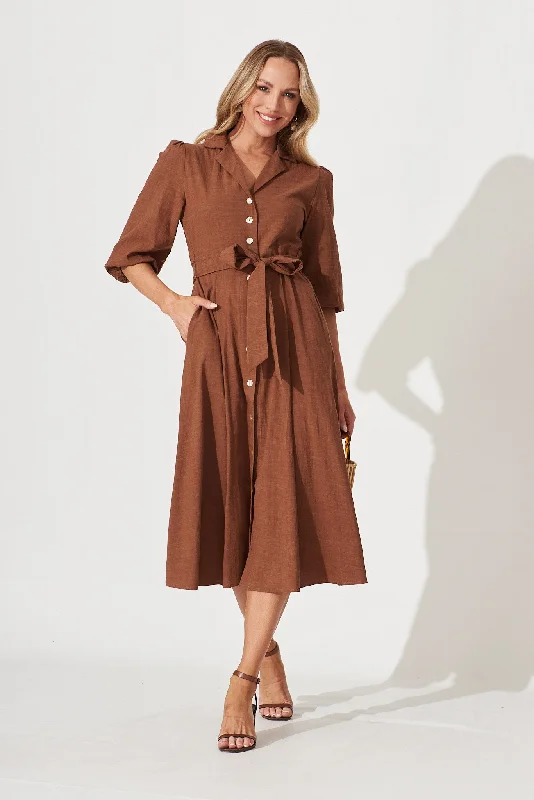 Season Finale Sale Minnie Midi Shirt Dress In Brown Plain Cotton