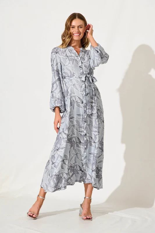 Deal Dash Lorie Maxi Shirt Dress In Grey Leaf Print Cotton Blend