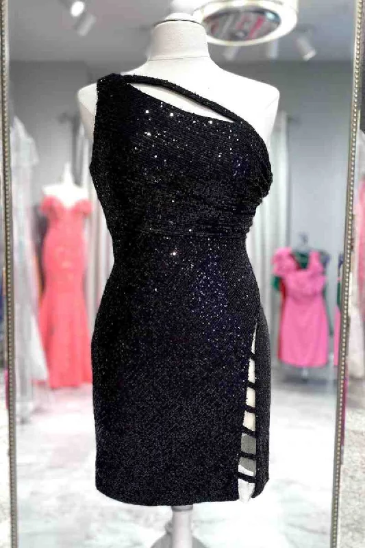New Markdowns Cut Out Black One Shoulder Sequind Bodycon Homecoming Dress