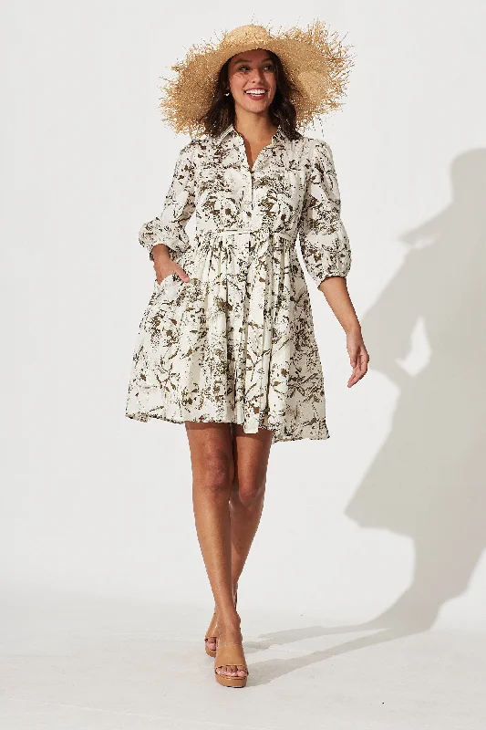 Exclusive Preview Pearsona Shirt Dress In Cream With Khaki Leaf Print Cotton