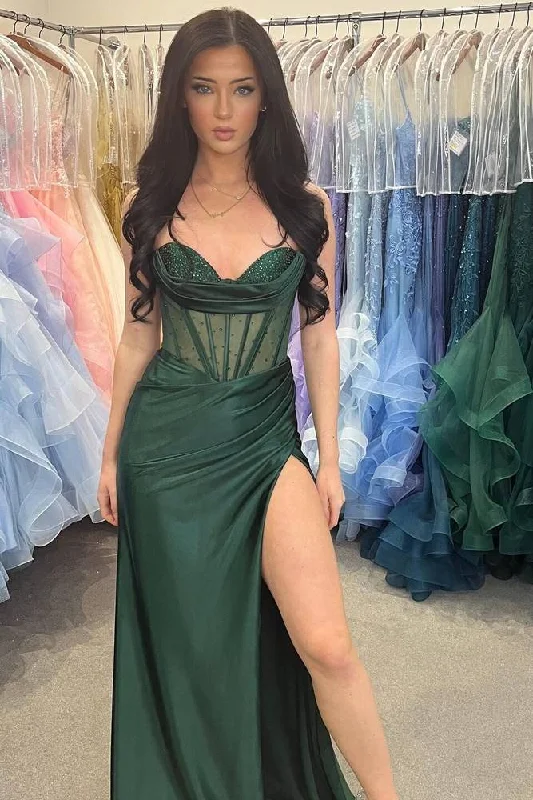 New Arrival Strapless Hunter Green Beaded Mermaid Prom Dress with Slit