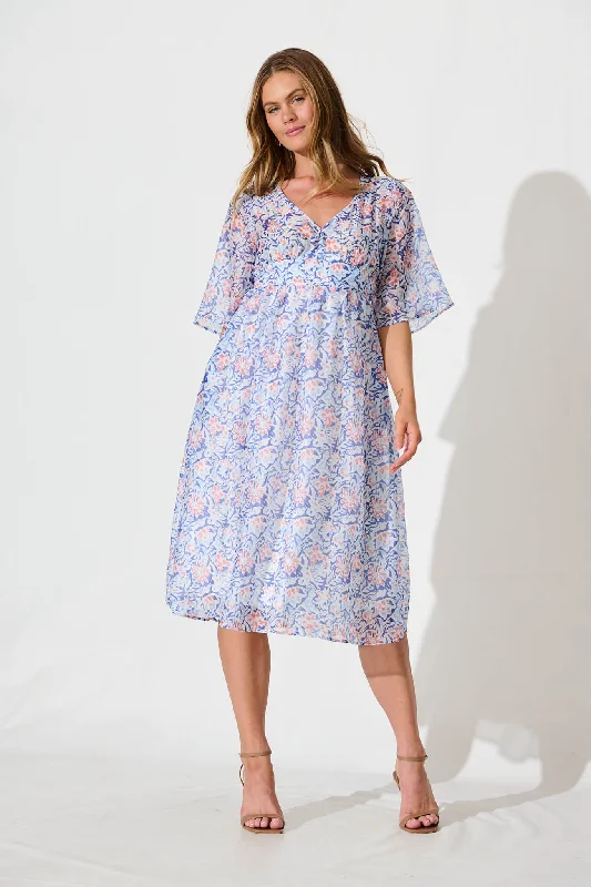 Price Cut Angie Midi Dress In Blue Sketch Print
