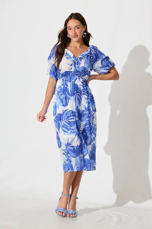 Now or Never Lavita Midi Dress in Blue Leaf Print