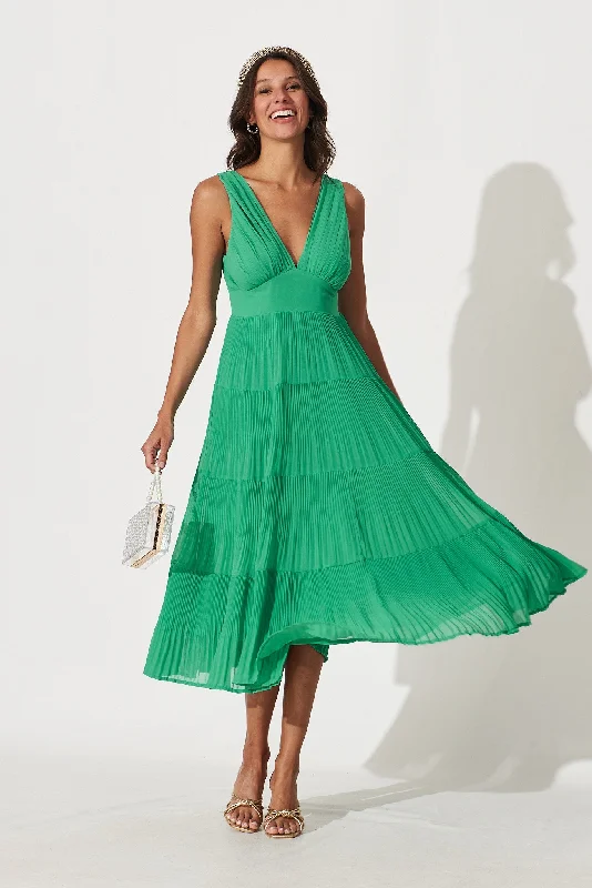 Extra Savings Naomi Midi Dress In Green Pleated Chiffon
