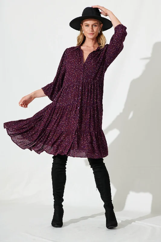 Savings Galore Glorietta Smock Dress In Plum Multi Speckle