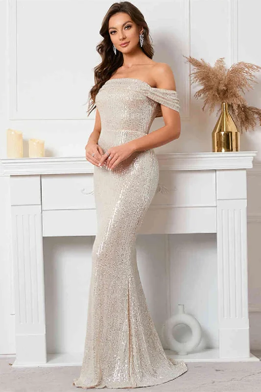 Price Drop Off the Shoulder Silver Sequins Mermaid Long Evening Dress