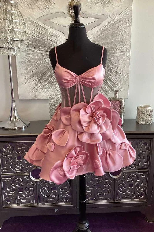 Super Bargain Straps Pink Corset Short Cocktail Dress with Rosette
