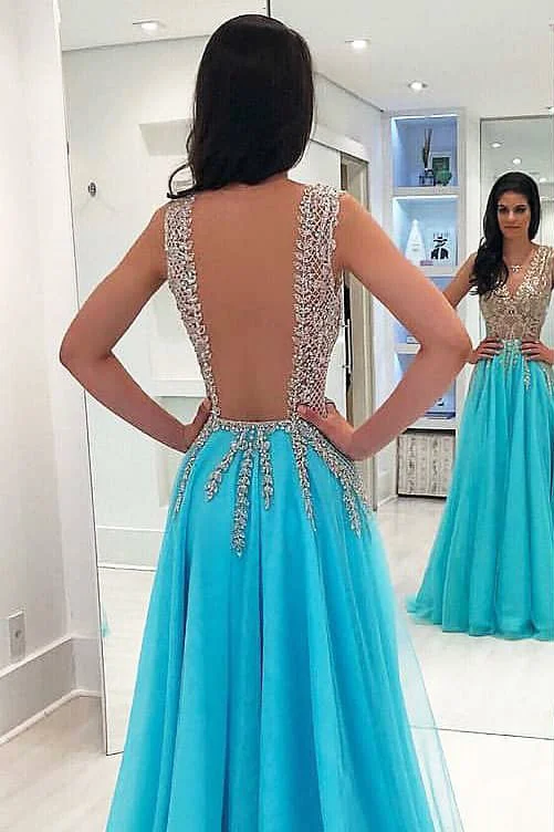 Don't Wait Sexy A-Line Ice Blue Long Prom Dress with Open Back