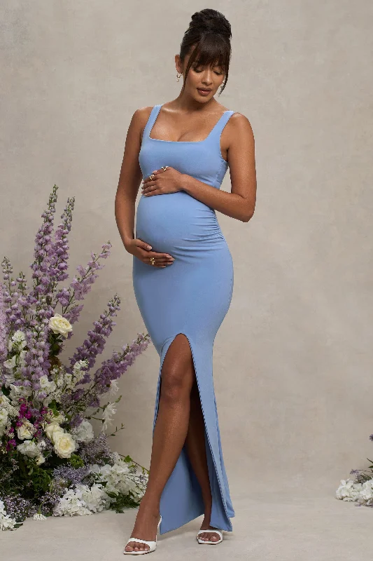 Savings Alert Avril | Powder Blue Square Neck Maternity Maxi Dress with Split