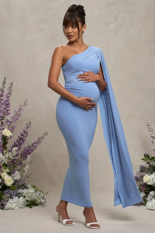 Price Cut Amaryllis | Powder Blue Maternity One Shoulder Maxi Dress with Cape Sleeve