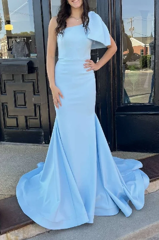 Low Prices One Shoulder Lignt Blue Satin Mermaid Prom Dress