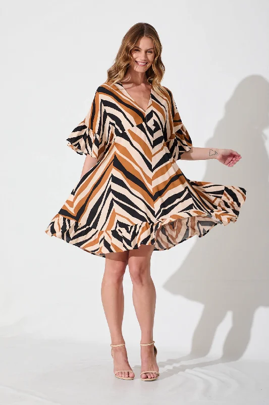 Fantastic Offers Gemara Smock Dress In Beige With Brown Zig Zag Print