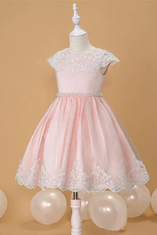 Don’t Miss Out Princess Pink Crew Neck Flower Gril Dress with Appliques