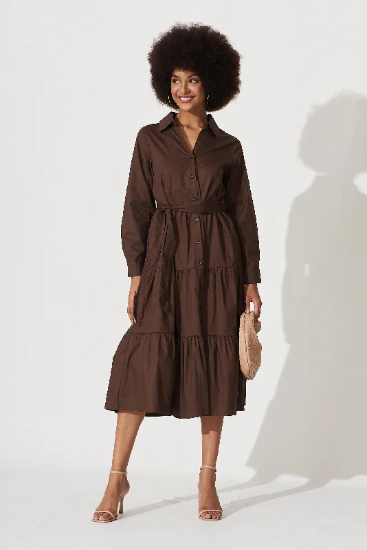 Inventory Reduction Lille Midi Shirt Dress In Chocolate Cotton