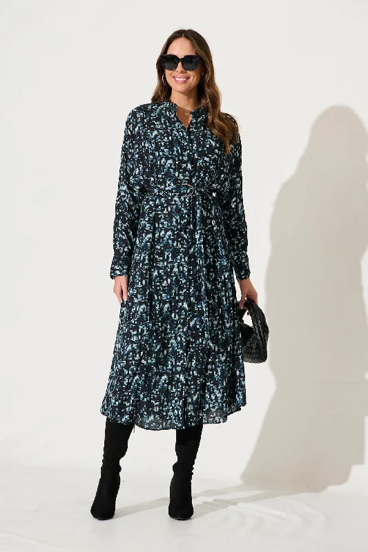 Deep Discounts Harmony Midi Shirt Dress In Navy With Multi Print