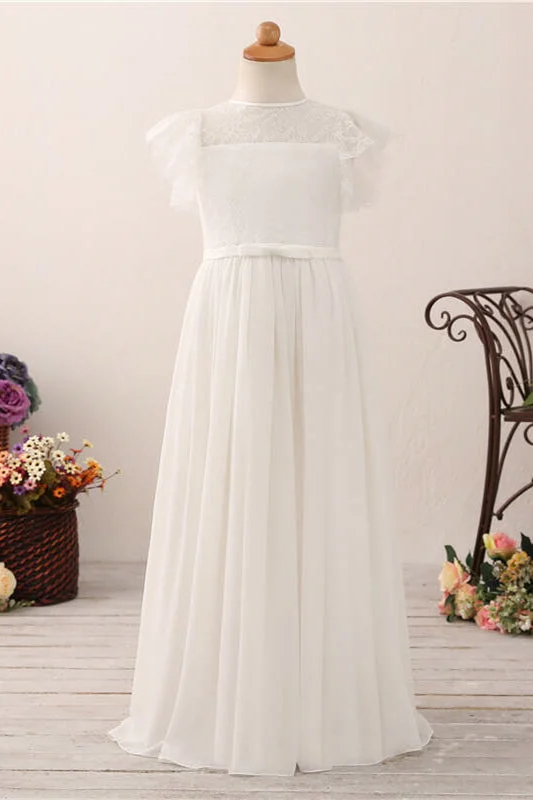 Take Advantage Flutter Sleeves Long White Flower Girl Dress with Lace Top