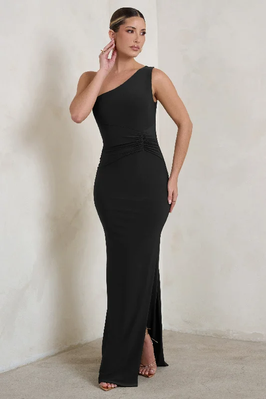 Limited Time Offer Kary | Black One Shoulder Thigh Split Maxi Dress