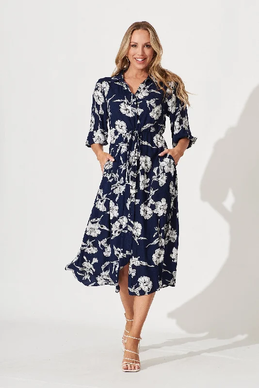 Don't Wait Davina Midi Shirt Dress In Navy With White Floral Print