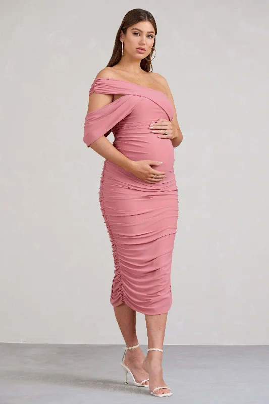 Price Fest Cici | Blush Pink Asymmetric Ruched Maternity Midi Dress