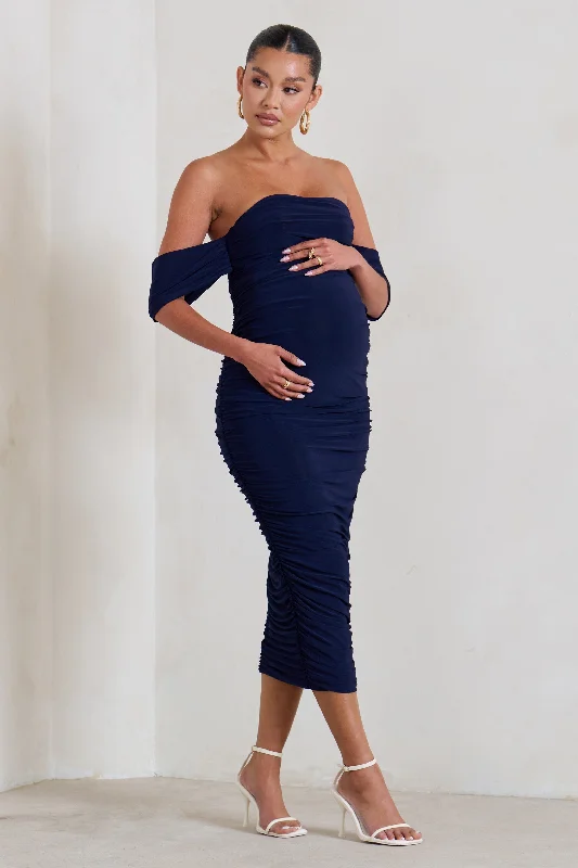 Exclusive Savings Plus One | Navy Maternity Ruched Bardot Midi Dress
