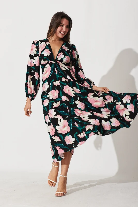Shop and Save Edith Midi Dress In Black With Blush Floral Linen Blend