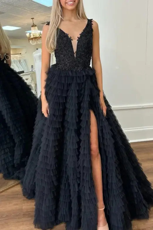 Discount Extravaganza V-Neck Applique Ruffle A-Line Prom Dress with Slit