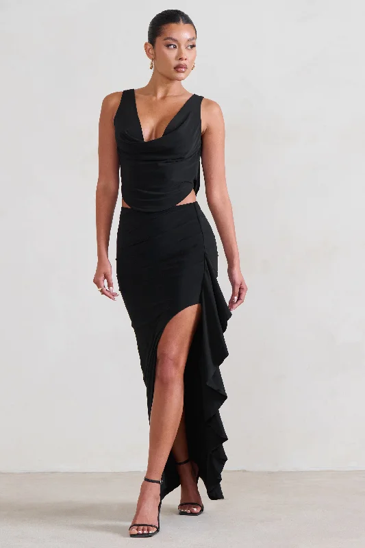 Price Blitz La Belle | Black Ruffle Maxi Skirt With Thigh Split