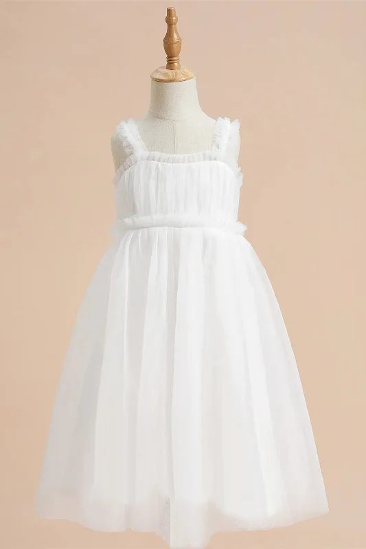 Year-End Sale White Square Neck Ruffles Pleated Flower Girl Dress
