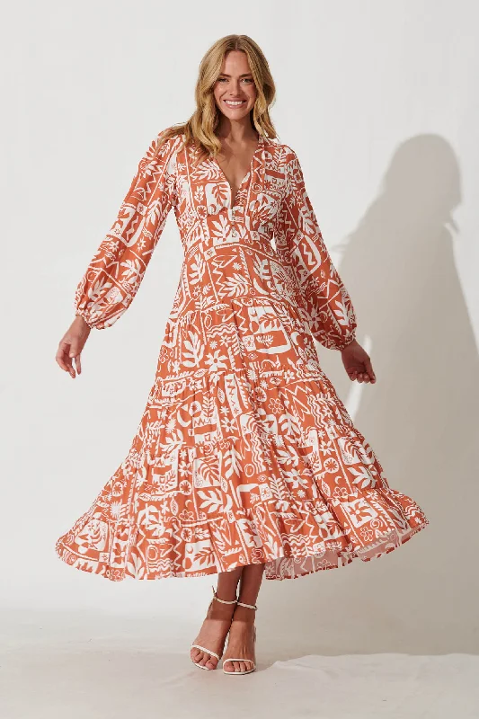 Mega Sale Rina Maxi Dress In Rust With White Print