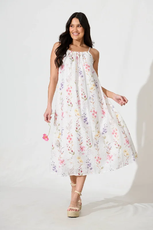 Online Only Sunetta Midi Sundress in White Floral Textured Broderie