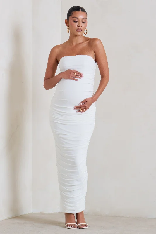 Buy Now My Lady | Maternity White Strapless Bodycon Ruched Mesh Maxi Dress