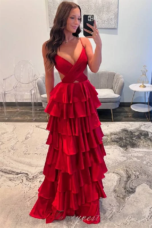 Special Savings Straps V-Neck Red A-Line Ruffle Layered Prom Dress