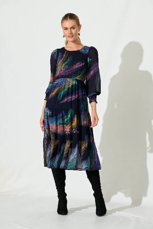 Quick Sale Jaseline Midi Dress In Navy Multi Leaf Chiffon