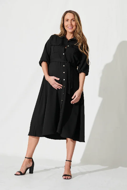 One-DAY Sale Sinatra Midi Shirt Dress In Black Cotton Blend