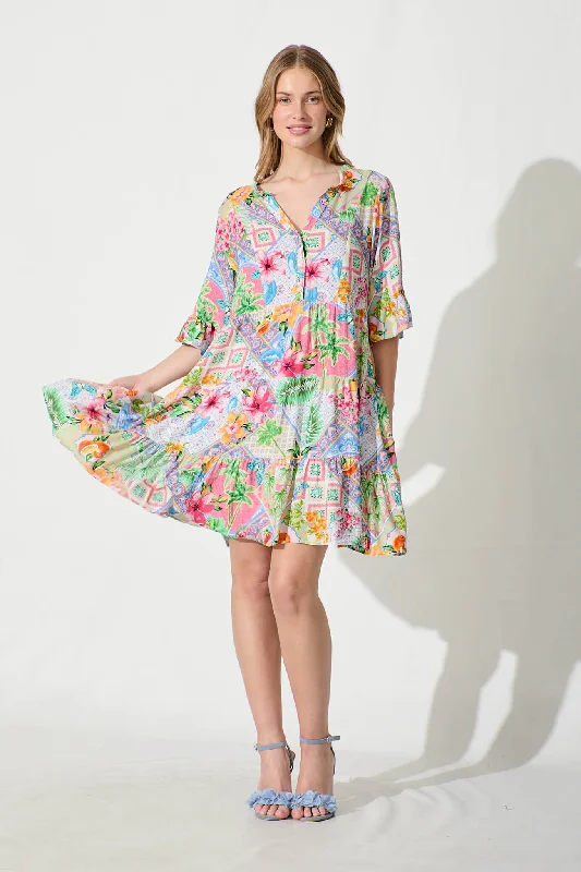 Midnight Madness Aleister Smock Dress in Bright Multi Patchwork Floral