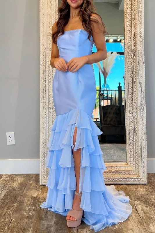 Today’s Deal Light Blue Strapless Ruffle Mermaid Prom Dress