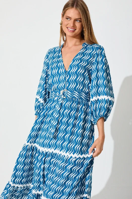 Best Bargains Fialla Midi Dress In Blue And White Print With Ric Rac Trim