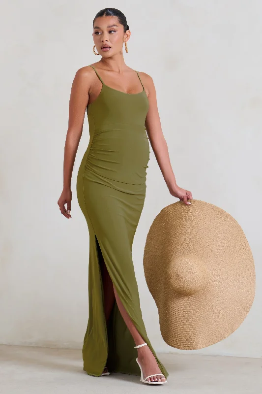 Big Discounts Aurelia | Olive Green Maternity Cami Maxi Dress With Split