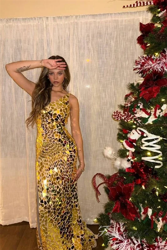 Act Now One Shoulder Gold Mirror Sequin Mermaid Prom Dress