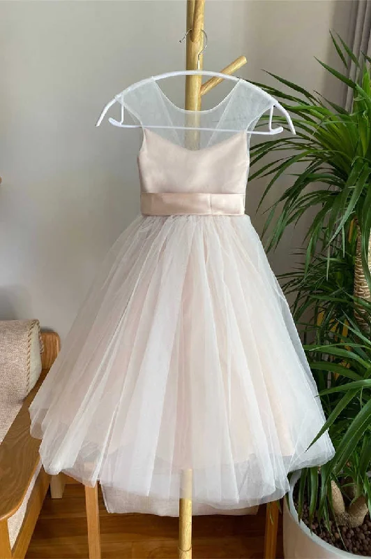 Don’t Miss Out Simple Champagne Long Flower Girl Dress with Belt