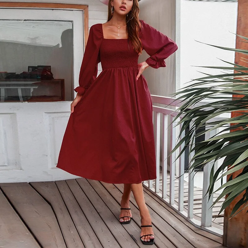 Super Sale Awakecrm Autumn Square Collar Casual Long Dress Women Long Sleeve Pleated Red Maxi Dresses Elegant Female Bust Elastic  Vestidos Rob