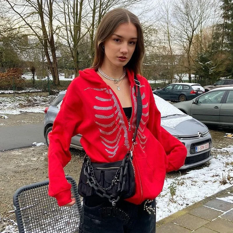 Price Drop Alert Christmas Gift Zip-up Y2K Rhinestone Skeleton Oversized Sweatshirts  Autumn Goth Hoodies Women Grunge Hooded Jacket Streetwear Retro Clothe