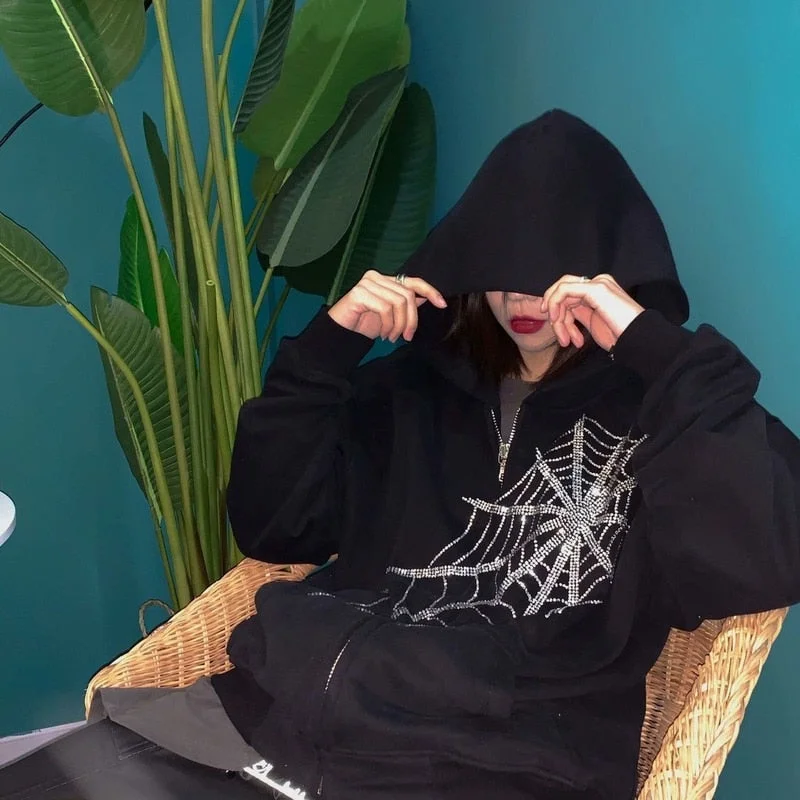 Extra Savings Awakecrm New Gothic Black Rhinestone Hodies Women Spider Web Zipper Hooded Sweatshirts Couple Punk Harajuku Oversized Clothing Extra Savings Awakecrm New Gothic Black Rhinestone Hodies Women Spider Web Zipper Hooded Sweatshirts Couple Punk Harajuku Oversized Clothing