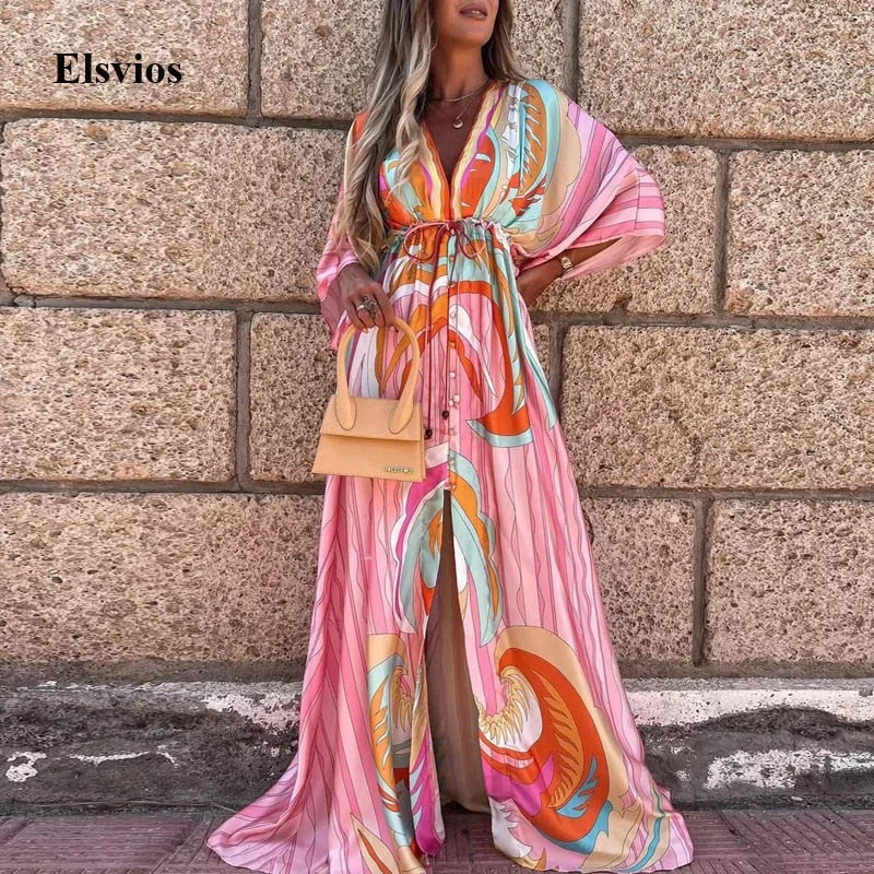 Hurry In Awakecrm Sexy Deep V Neck Button Print Maxi Dress Women Elegant Drawstring Tie-Up Split Party Dress Spring Summer Loose Beach Long Dress Hurry In Awakecrm Sexy Deep V Neck Button Print Maxi Dress Women Elegant Drawstring Tie-Up Split Party Dress Spring Summer Loose Beach Long Dress