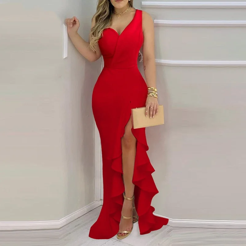 Daily Deals Awakecrm Joskaa Women Elegant Formal Gown Maxi Dress Female Stylish Long Party Dress One Shoulder Ruffled Hem High Slit Slit Dress Daily Deals Awakecrm Joskaa Women Elegant Formal Gown Maxi Dress Female Stylish Long Party Dress One Shoulder Ruffled Hem High Slit Slit Dress