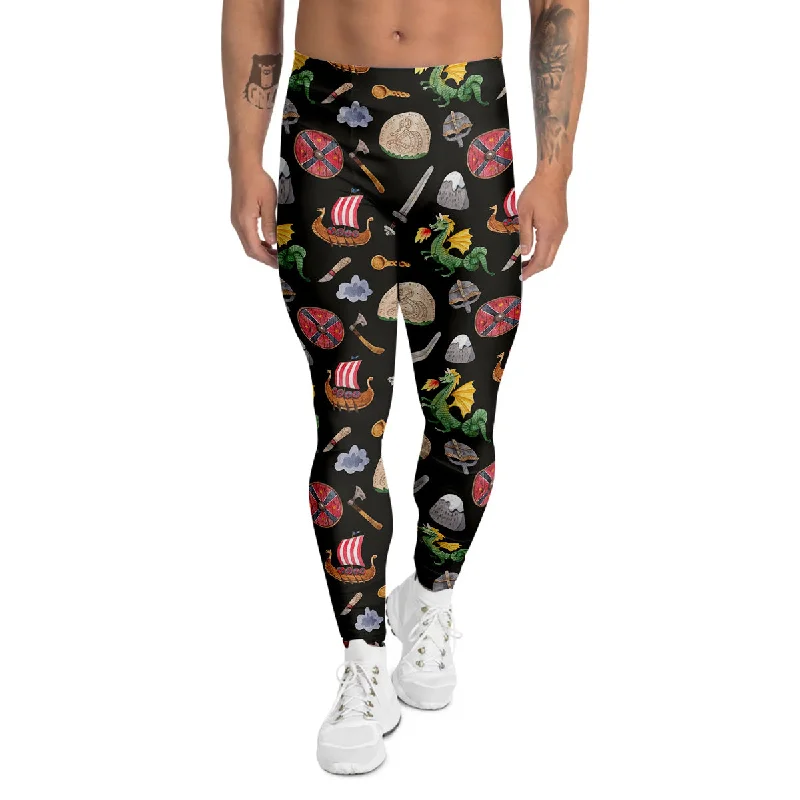 Warehouse Sale Vikings Watercolor Cartoon Style Print Pattern Men's Leggings