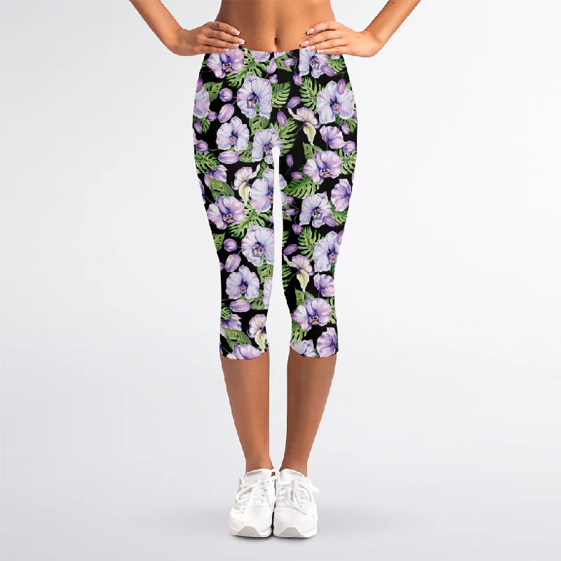Flash Sale Watercolor Cattleya Pattern Print Women's Capri Leggings