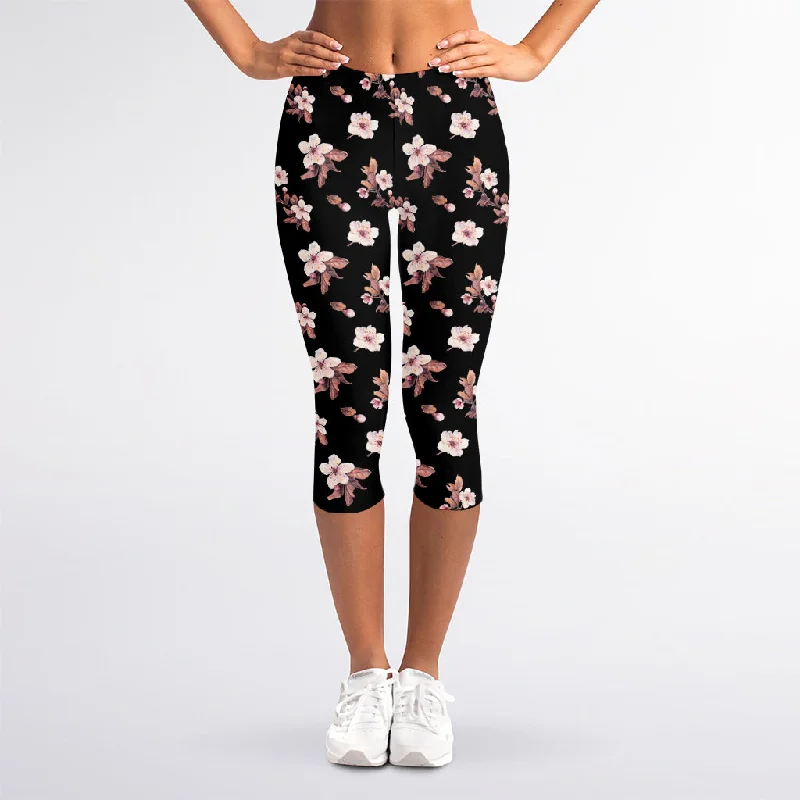 Price Drop Watercolor Cherry Blossom Pattern Print Women's Capri Leggings