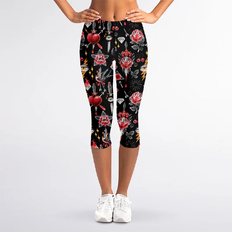 Bargain Prices Watercolor Tattoo Print Women's Capri Leggings