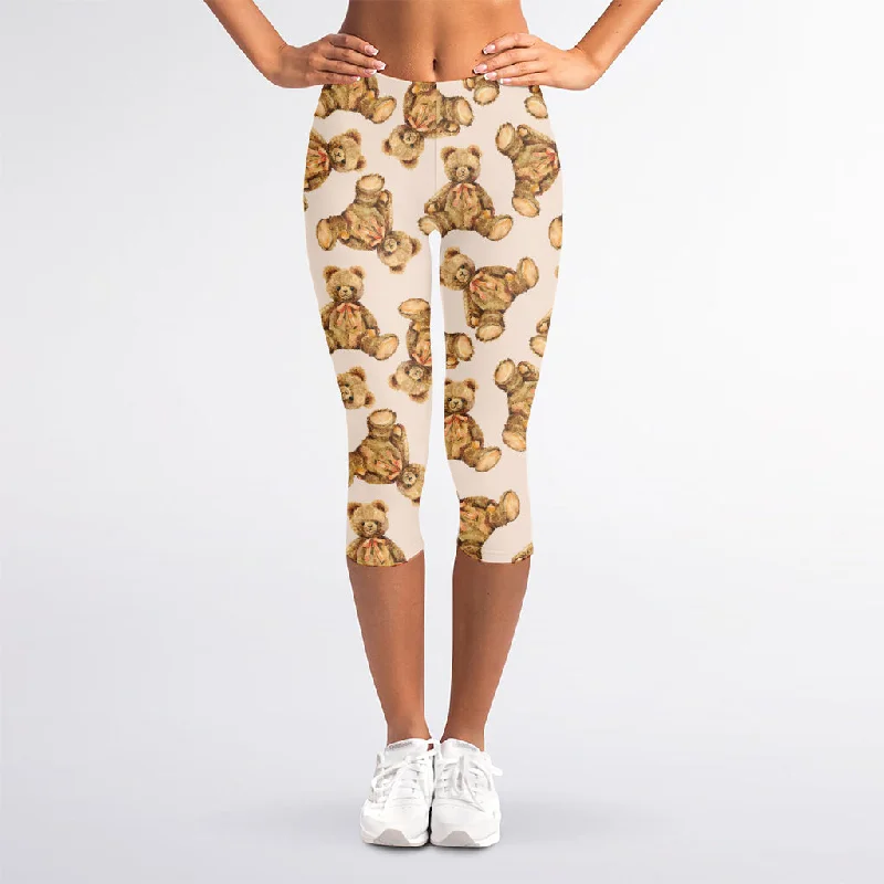 Deal Explosion Watercolor Teddy Bear Pattern Print Women's Capri Leggings